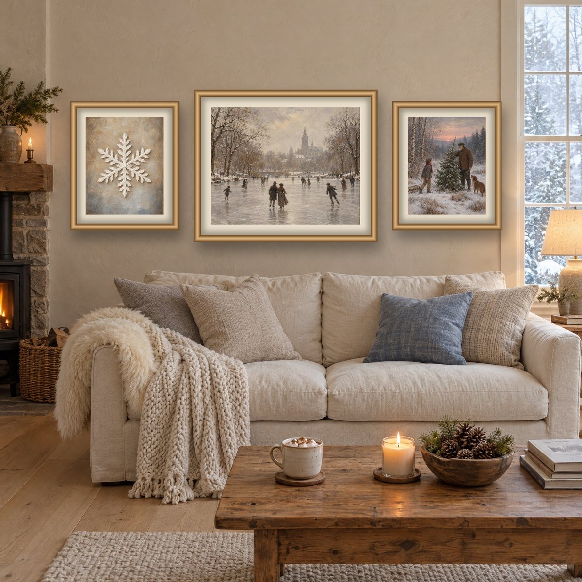 Three framed vintage winter prints above a cream sofa in a cozy cottage living room