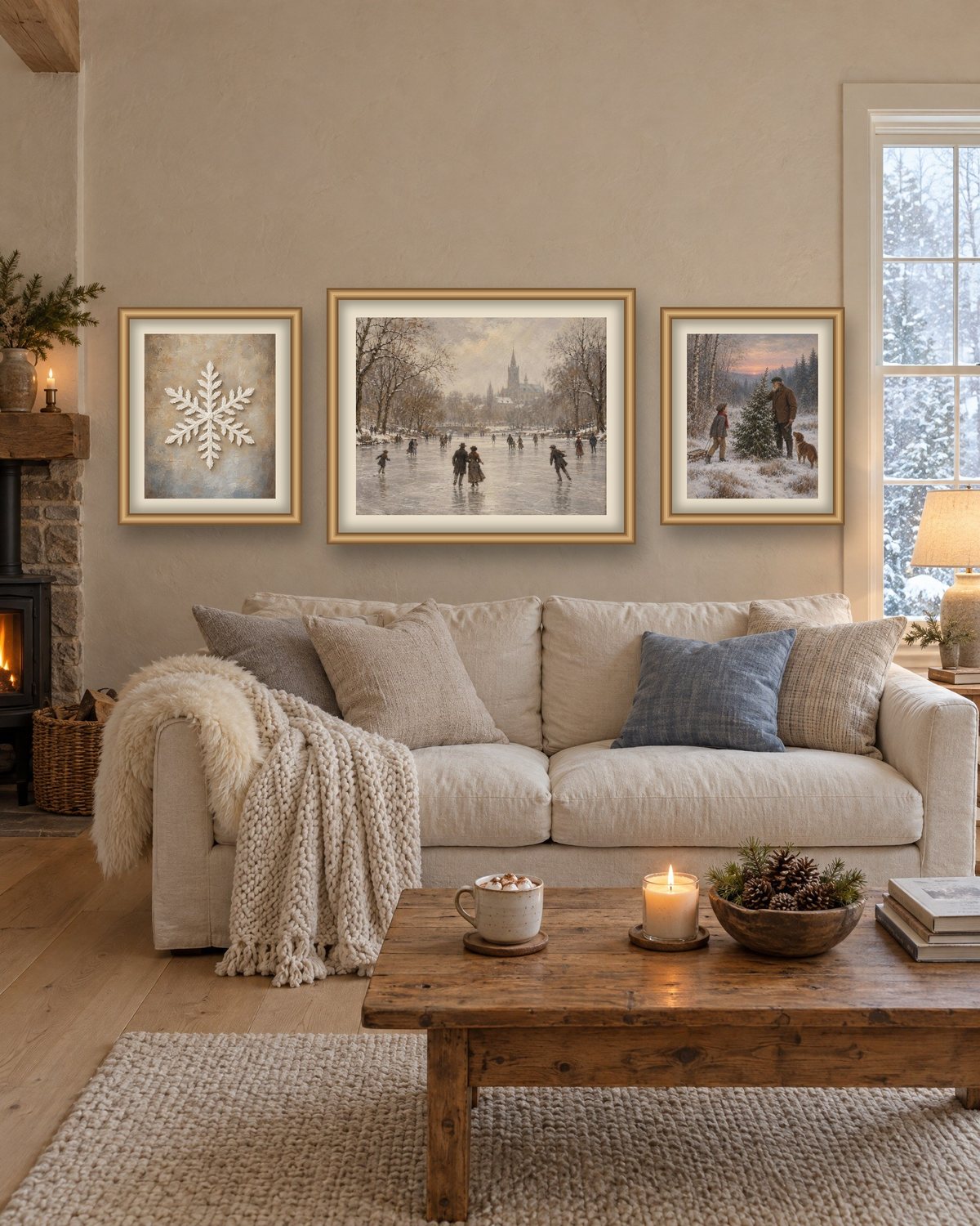 Cozy winter cottage living room with three framed vintage winter prints, a snowflake, skaters on a frozen pond and a snowy tree hunt, above a cream linen sofa with wool pillows and a sheepskin