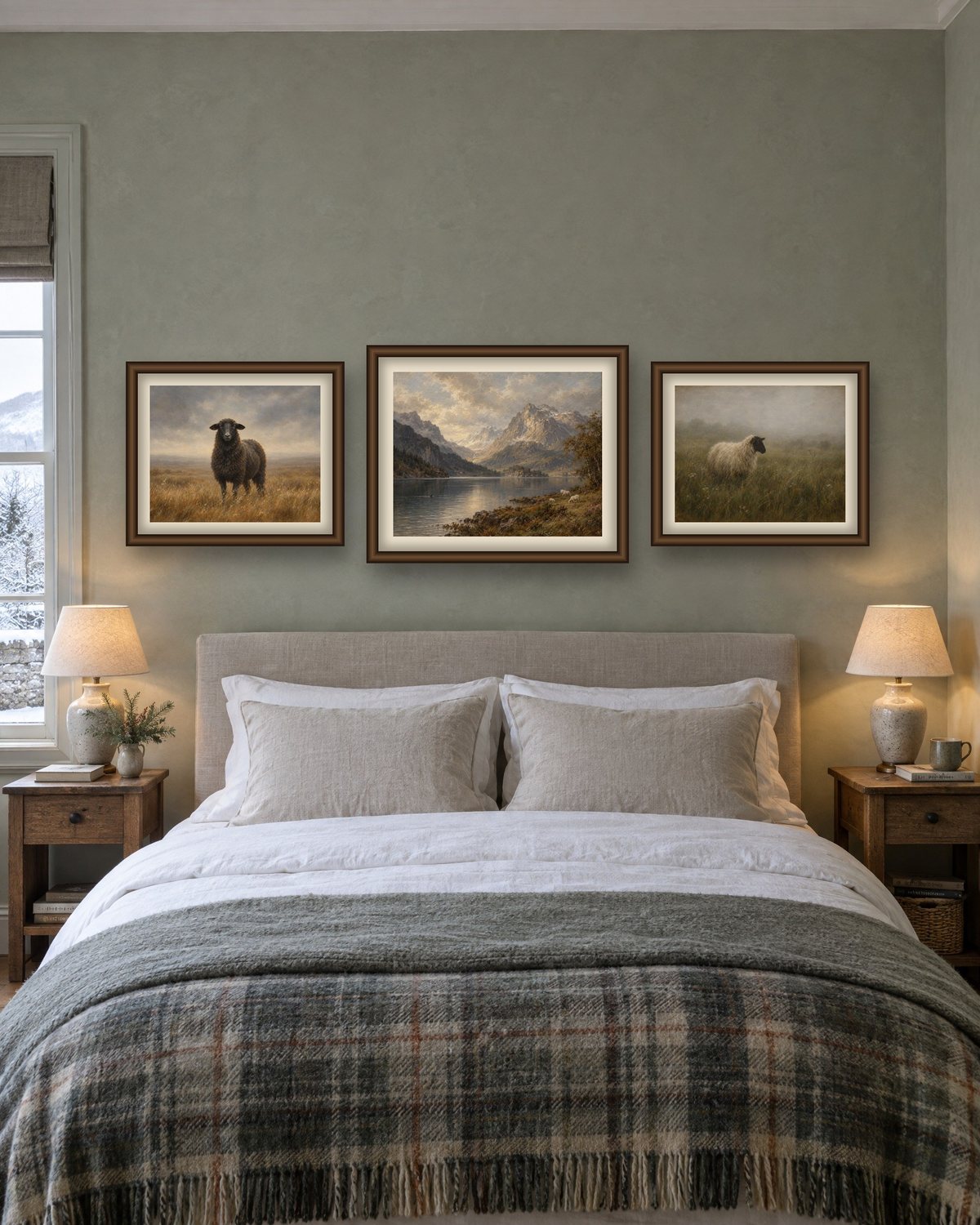 Calm cottage bedroom with a sage wall and three walnut-framed vintage landscapes, a black sheep, a Scottish highland loch and a sheep in a misty field, above a linen bed with a plaid wool throw