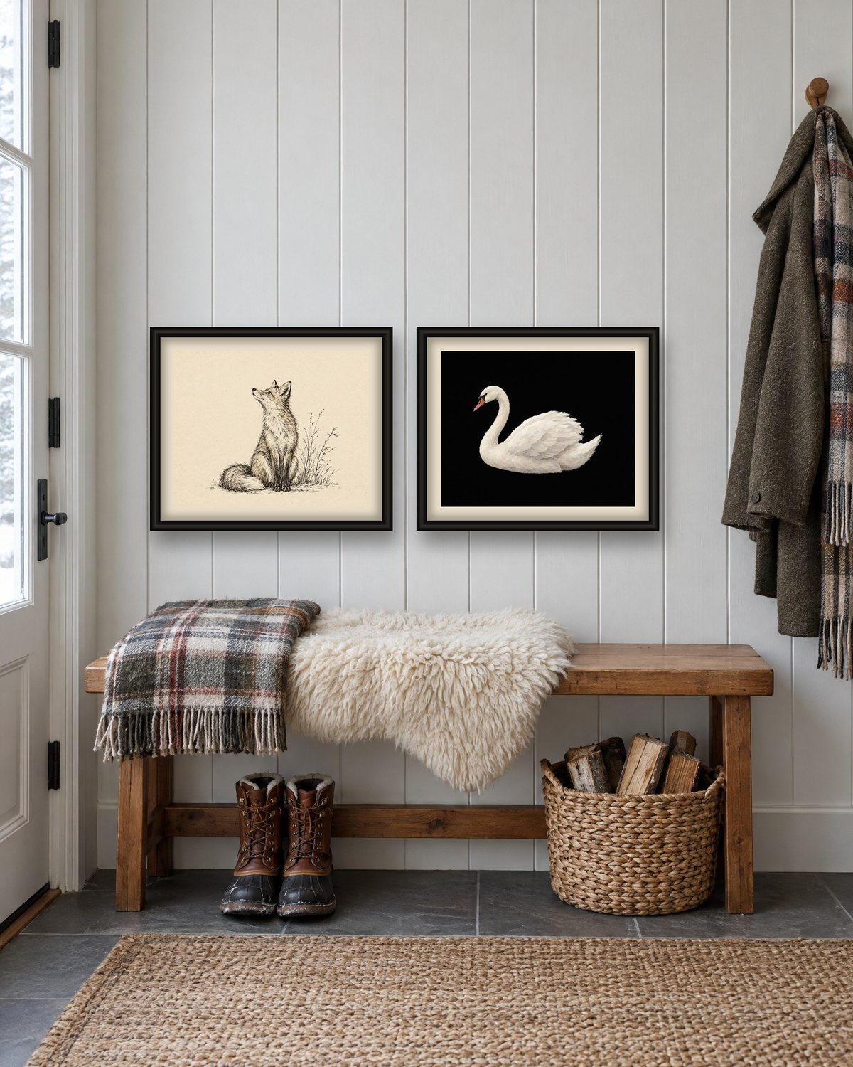 White paneled cottage entryway with a black-framed fox sketch and a white swan print above a wooden bench with a plaid blanket, a sheepskin and winter boots